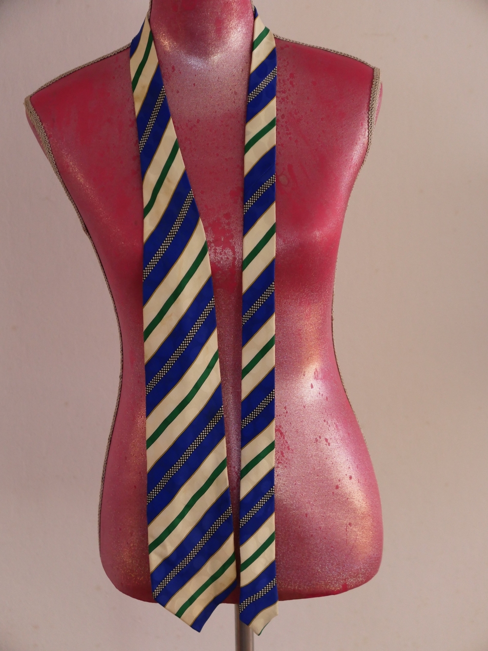 Versus By Versace Blue, Green & Cream Striped Geometric Silk Tie